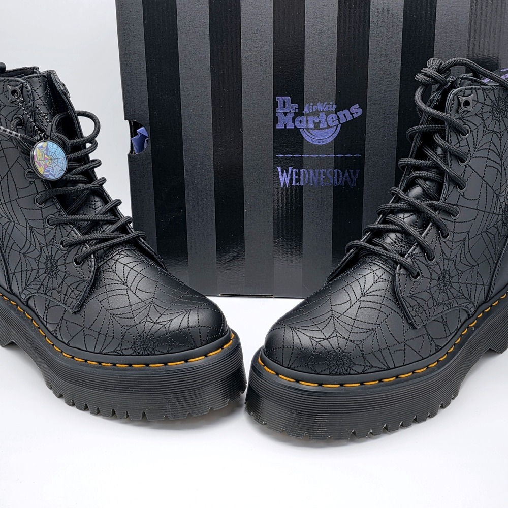 Dr. Martens Jadon Wednesday Addams Boots Womens 7 Black Spiderweb Nappa Lux New - Picture 11 of 15